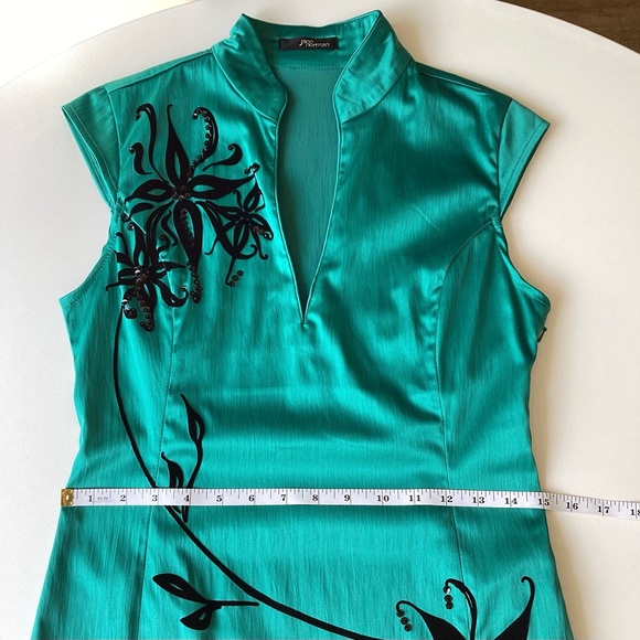 Jane Norman Y2K dress 14 turquoise green satin black embroidered vintage - Picture 7 of 16